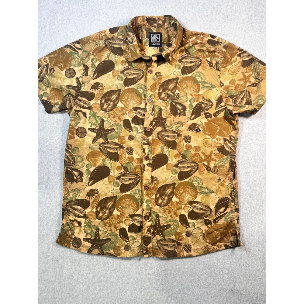 Tac-Dis Mens XL Short Sleeve Button Up Shirt Seashell Starfish Coastal Tan Brown
